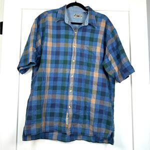 County Seat Blue Plaid Short Sleeve Button Down Shirt 100% Cotton Size Large